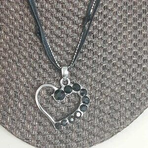 Three Strand Silver Tone Heart pendant Necklace With Black Rhinestones